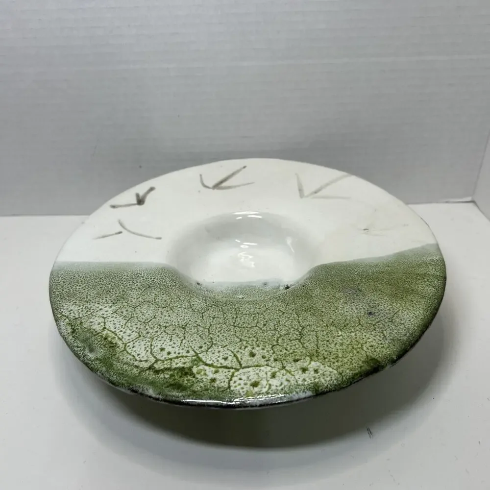 Studio Art Pottery Candle Holder Green White Lava Glaze Centerpiece Footed Sign
